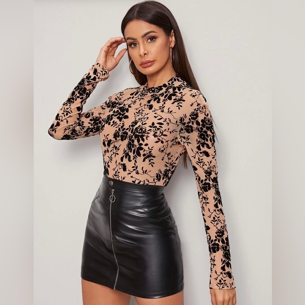 SHEIN Prive Floral Mock Neck Mesh Top size Small